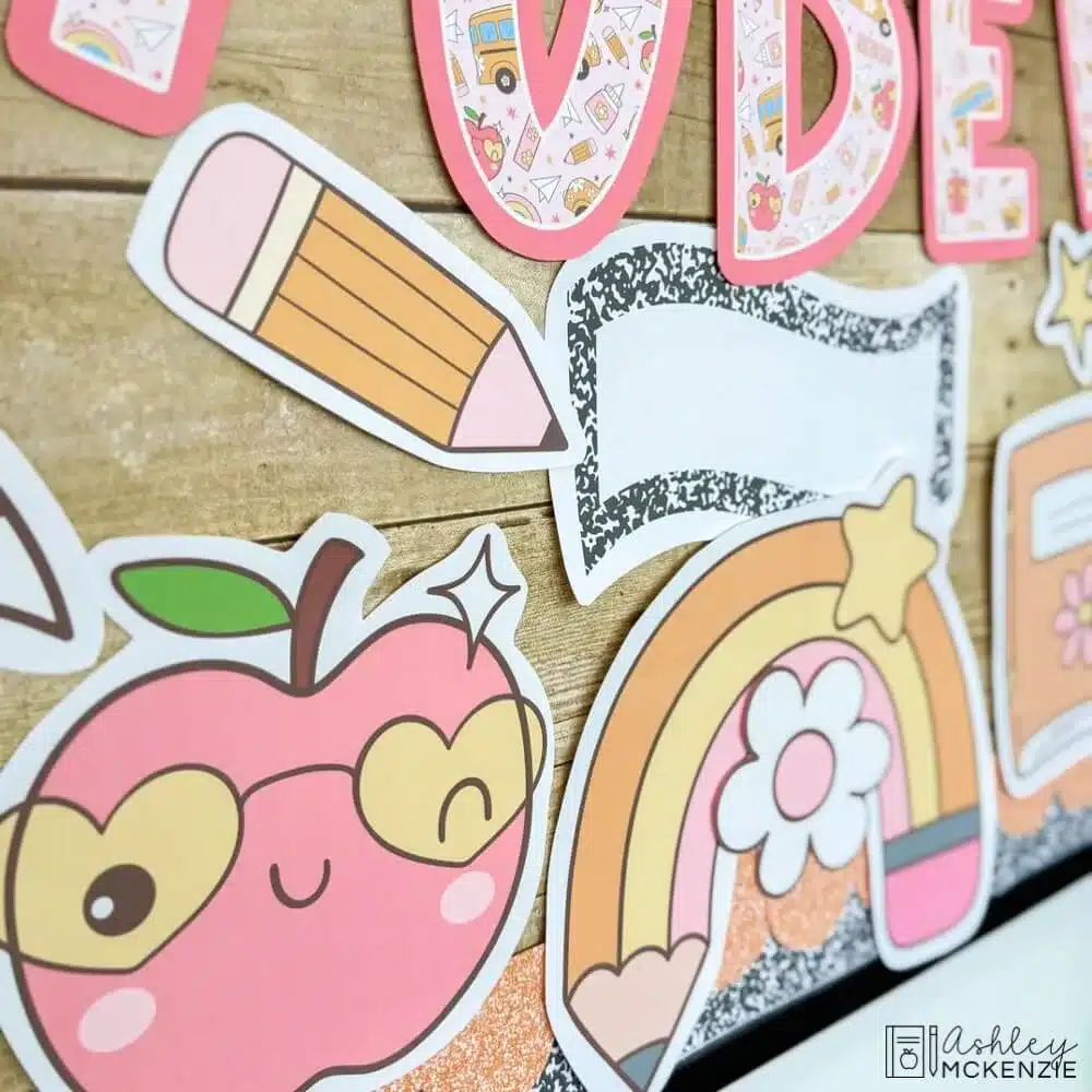 Closeup of decor cutouts on a star student bulletin board display