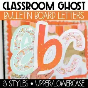 Sparkly Halloween bulletin board letters featuring classroom ghost prints for custom October bulletin boards