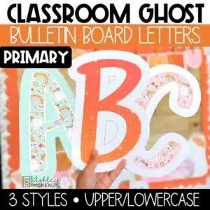 Sparkly Halloween bulletin board letters in a primary friendly font for custom classroom displays featuring friendly ghost patterns