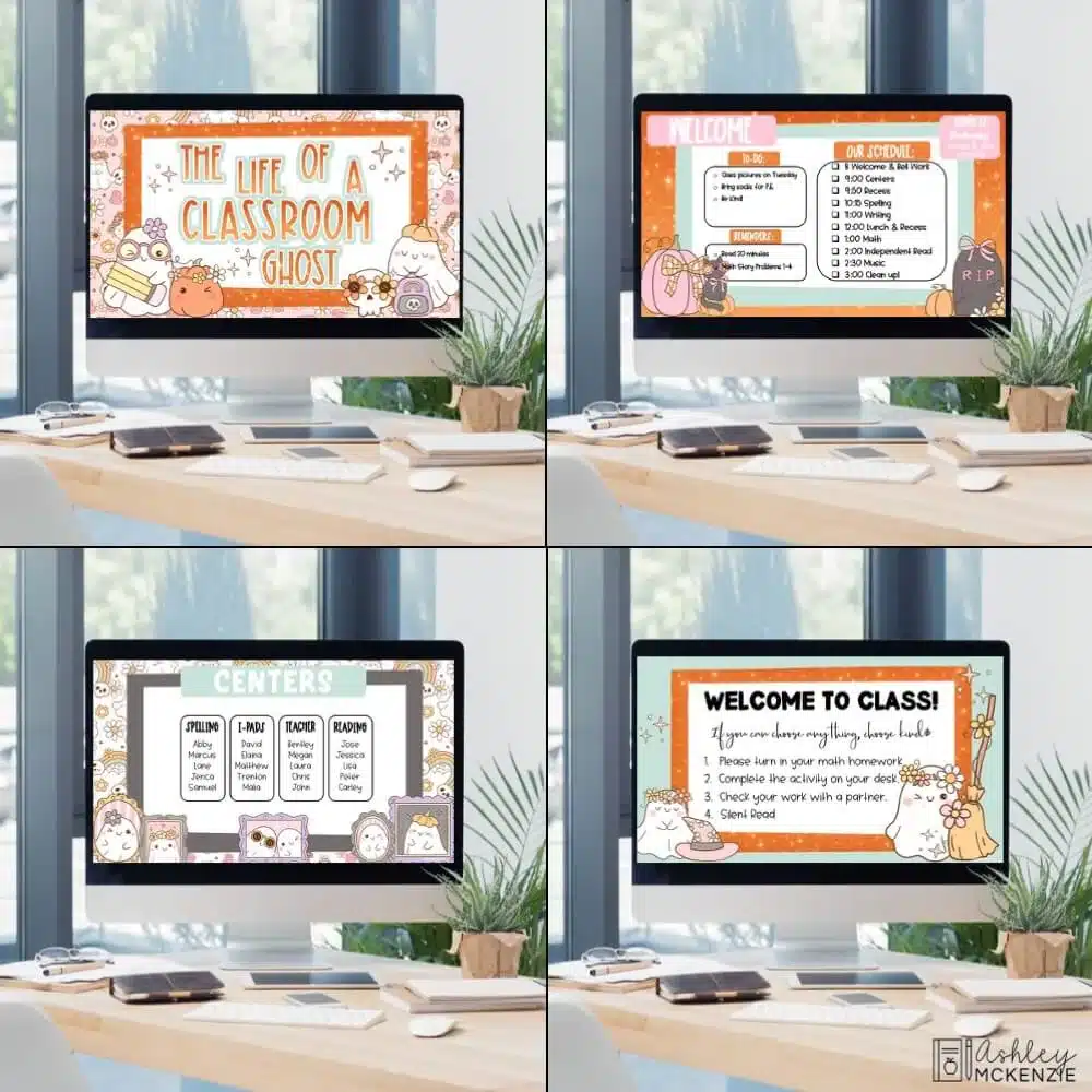 Multiple classroom computers displaying Halloween Google Slides templates with friendly ghosts and fun sayings