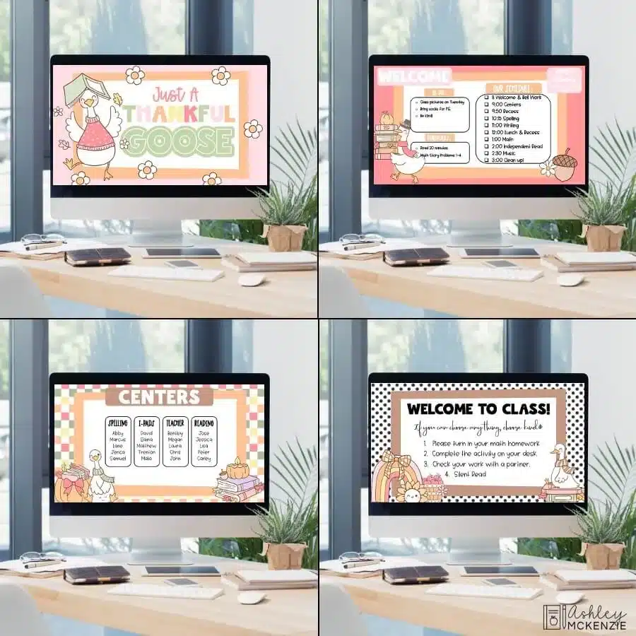 November slides for the classroom featuring a Thankful Goose Thanksgiving slides theme