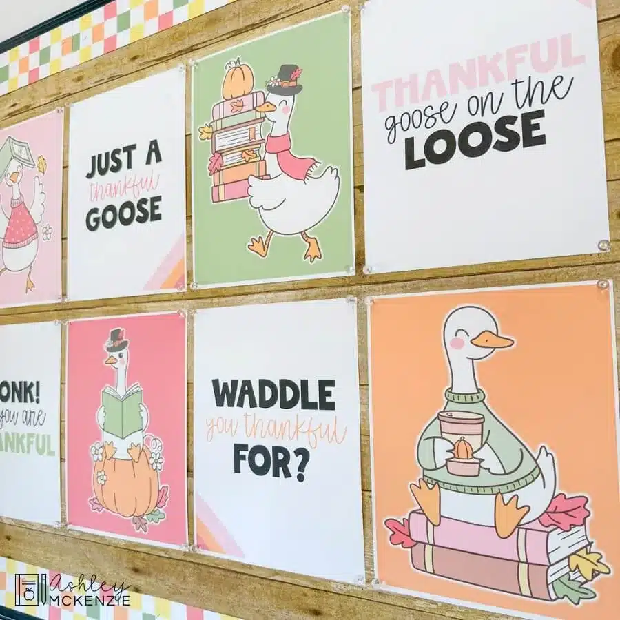 Thanksgiving classroom decor featuring a set of Thankful Goose themed gratitude posters