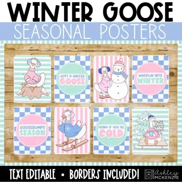 Winter posters for January bulletin board ideas featuring the Winter Goose