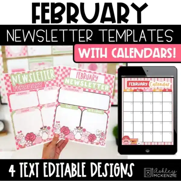 February newsletter templates with editable calendars