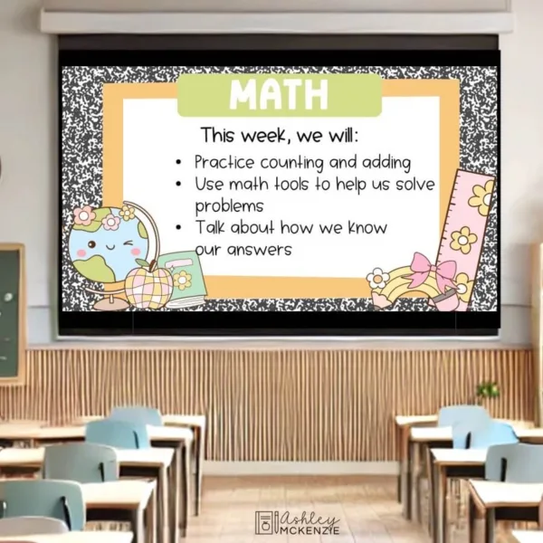 happy-bts-pastels-slides-Slide7 A large classroom screen displaying math objectives using a playful back to school themed design