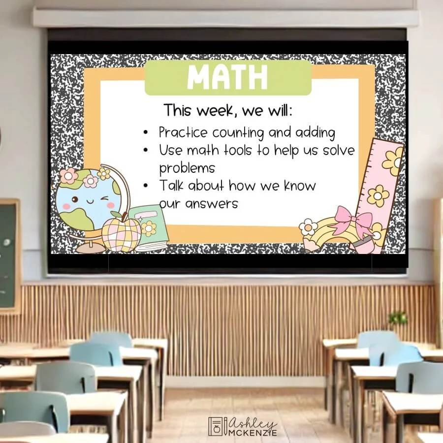 A large classroom screen displaying math objectives using a playful back to school themed design
