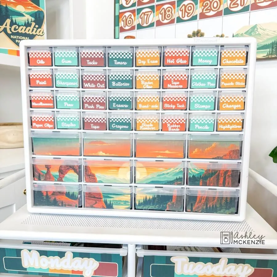 National Parks classroom decor theme toolbox and supply labels, part of the classroom setup checklist