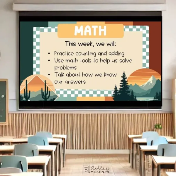 national-parks-slides-Slide7 National Parks daily slide templates displayed on a classroom screen showing math objectives for the week for classroom management