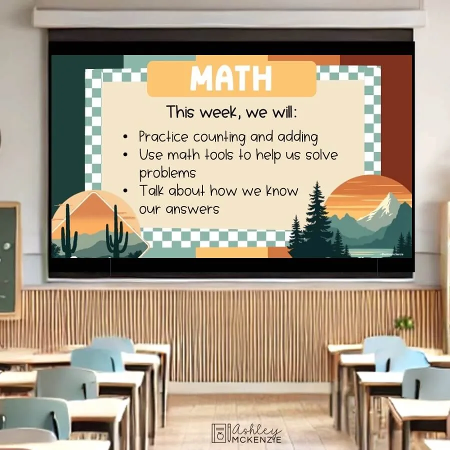 National Parks daily slide templates displayed on a classroom screen showing math objectives for the week for classroom management