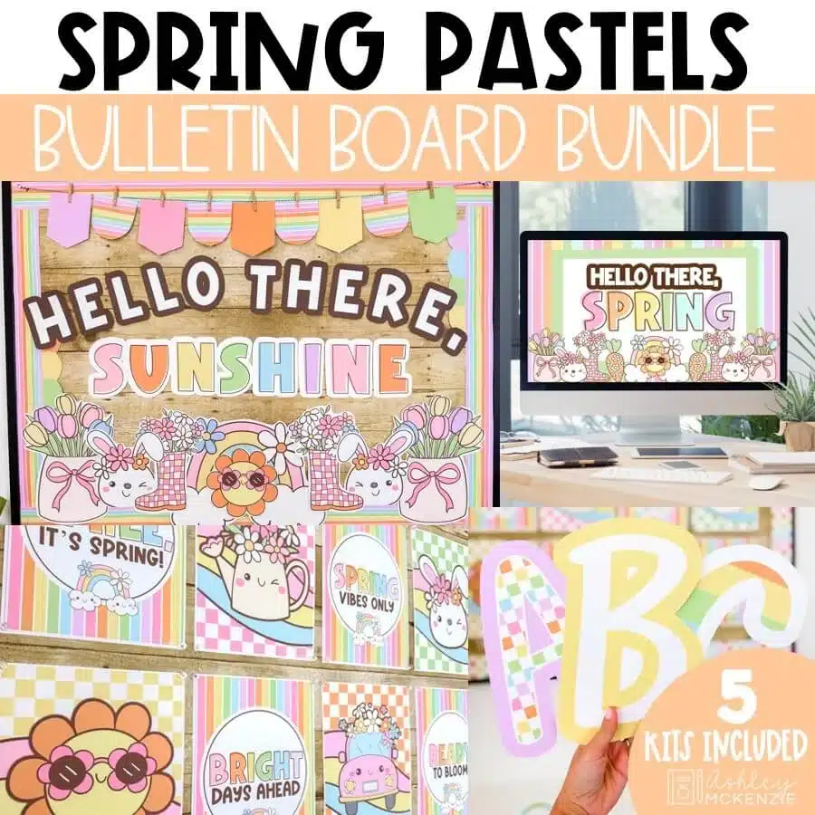 Pastel spring bulletin board bundle featuring pastel classroom decor designs