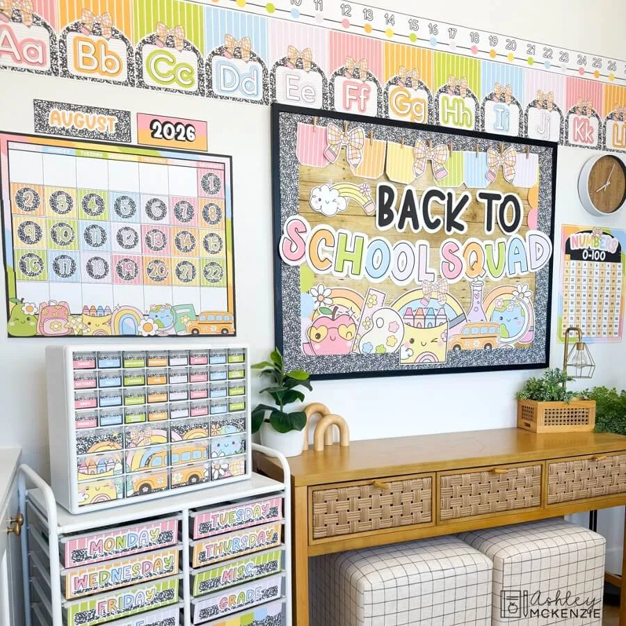 A classroom is decorated with warm pastel decor including a back to school bulletin board that reads "Back to School Squad."