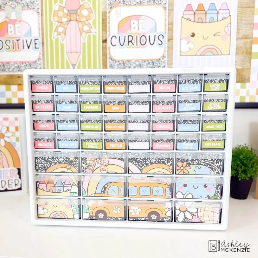 A teacher toolbox with coordinating pastel supply labels.