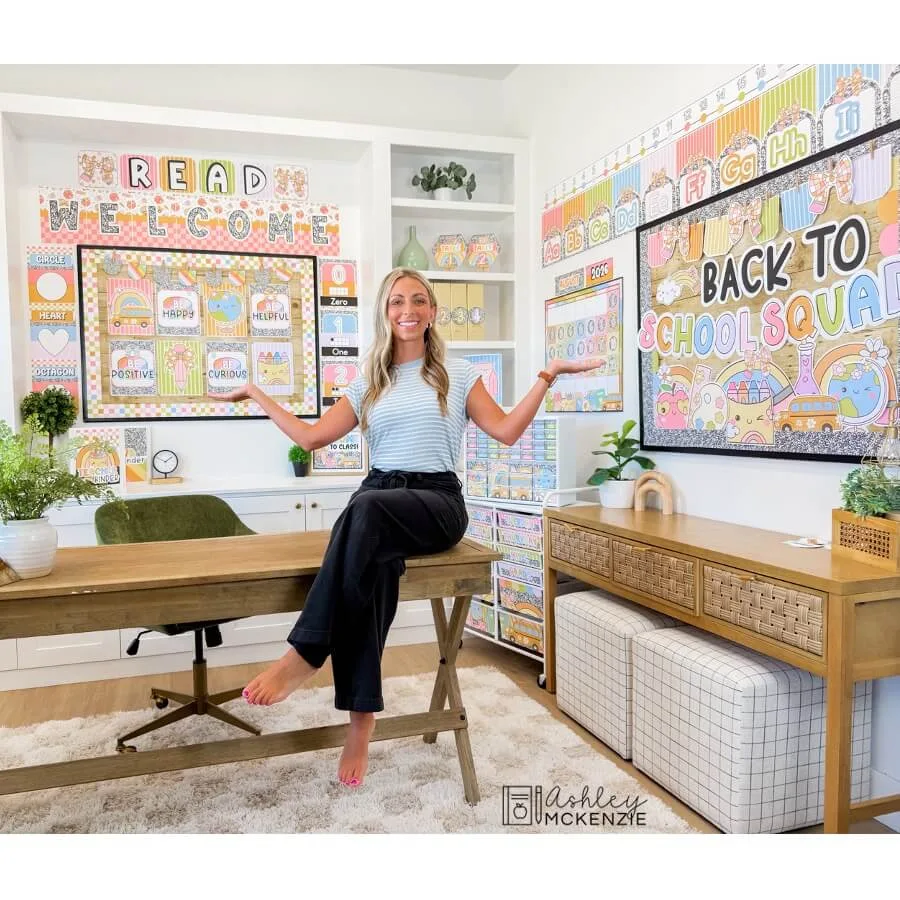 Pastel classroom decor is shown featuring composition notebook style accents and back to school bulletin board displays.