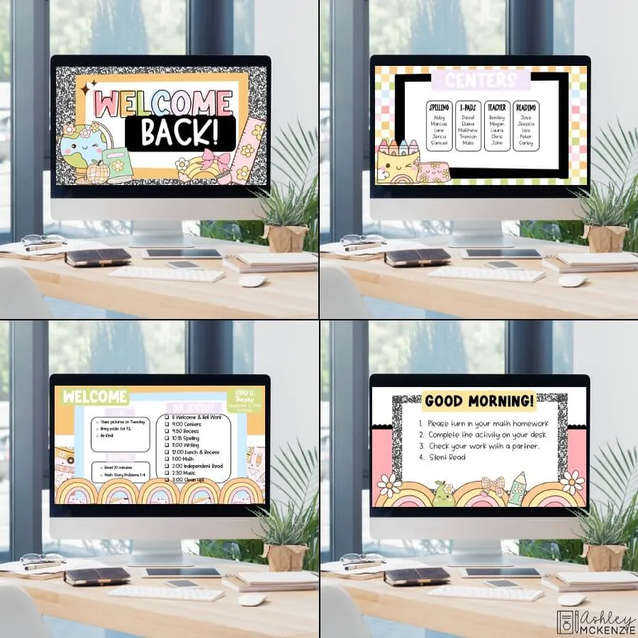Multiple classroom computer screens are shown displaying coordinating back to school slide templates.