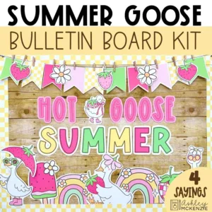 Summer bulletin board featuring the summer goose for end of year door decor