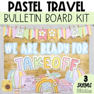 Pastel back to school bulletin board kit with a travel theme