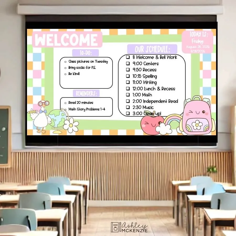 A classroom board showing the daily schedule using back to school themed Google Slides templates