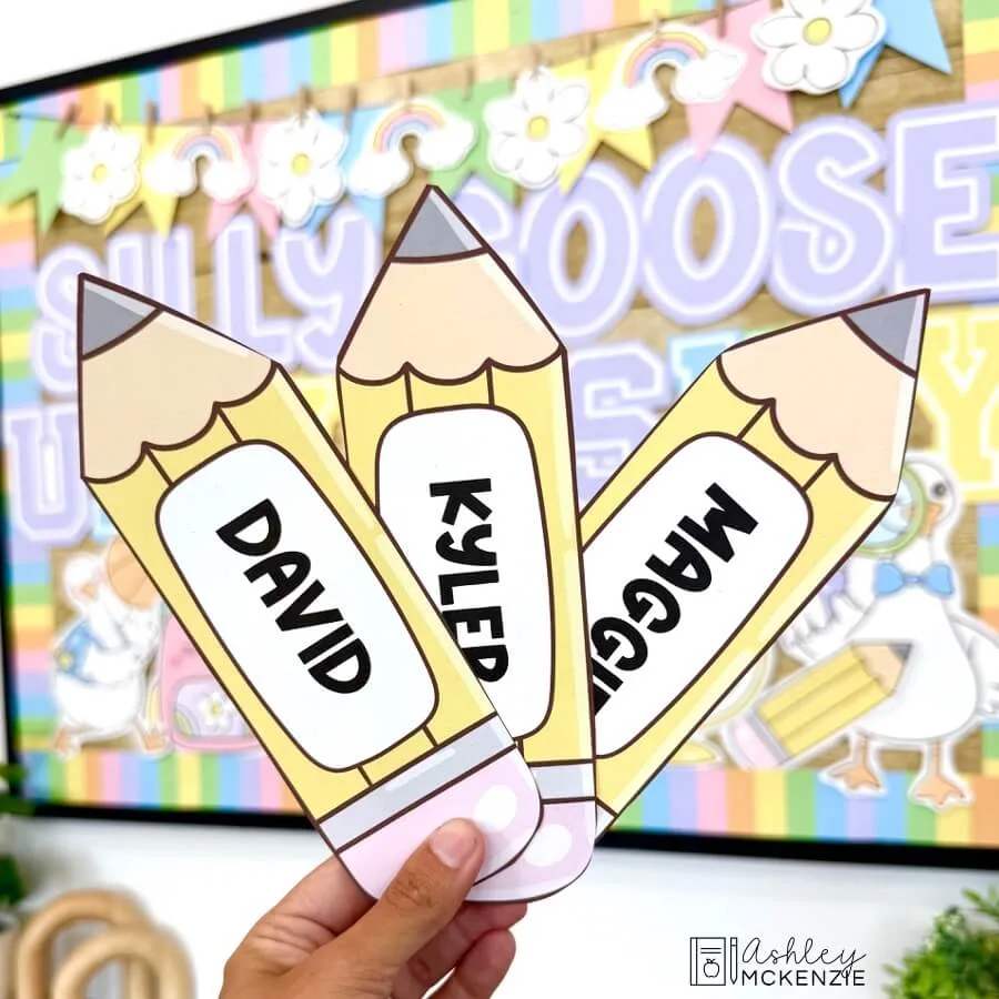 Pencil cutouts with student names on theme