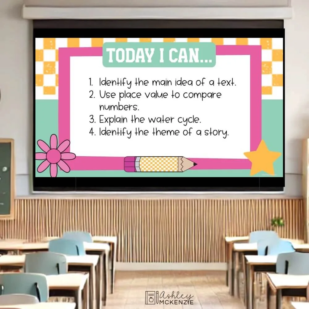 Back to school smiles daily slide templates featuring "I can" statements