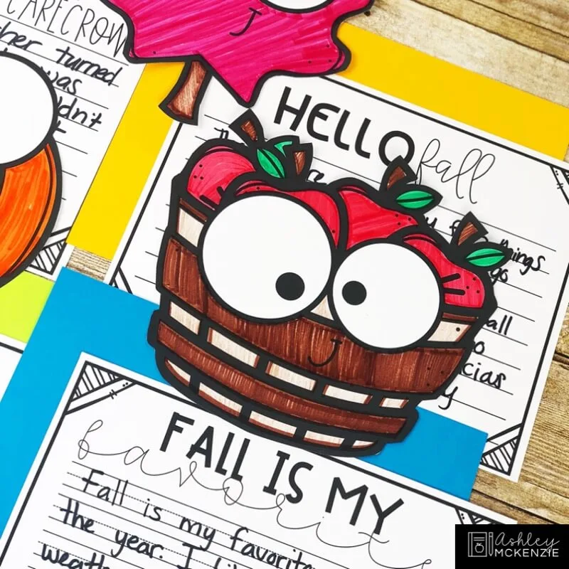 Fall writing activities featuring seasonal craft toppers and final draft papers with prompts