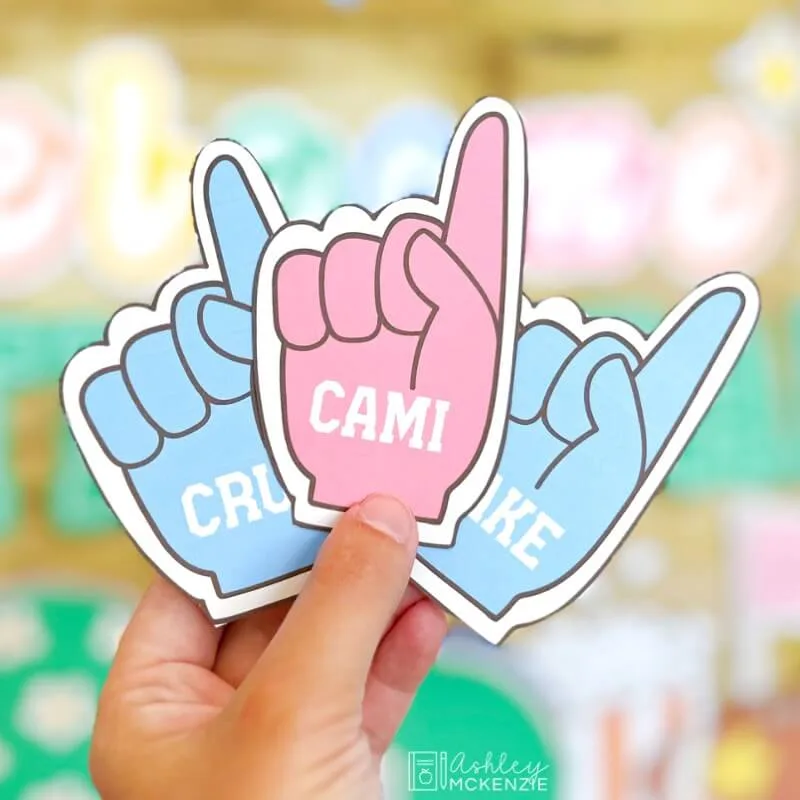 Varsity Vibes sports theme foam hands for students names for door decorating ideas
