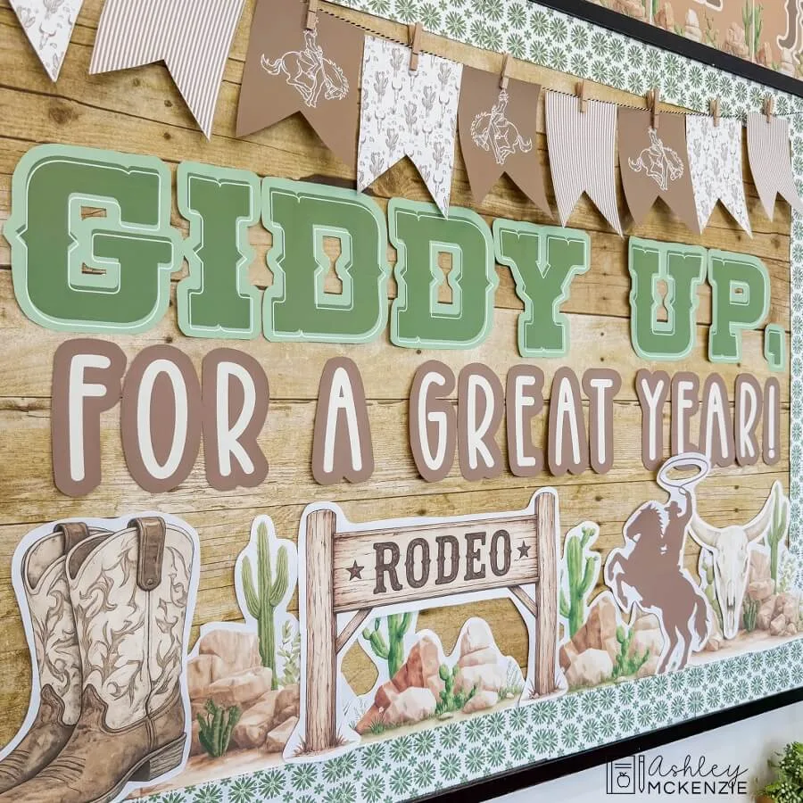 Western bulletin board kit that says "Giddy up for a great year" for September bulletin board ideas