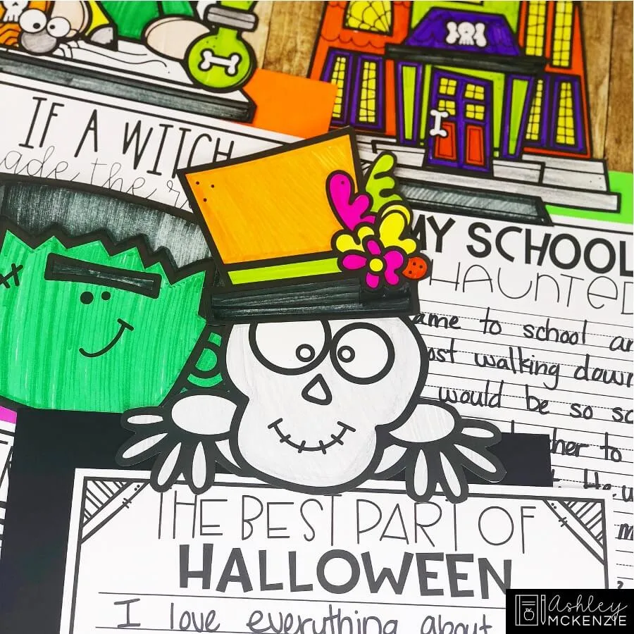 Halloween writing activities featuring different writing prompts and craft toppers