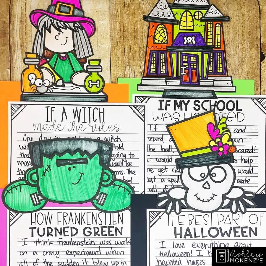 Halloween writing activities with craft toppers and scaffolding pages