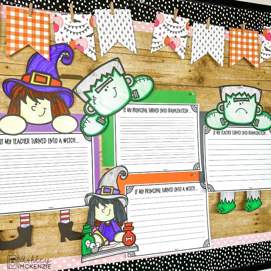 Halloween writing activities displayed on a classroom bulletin board