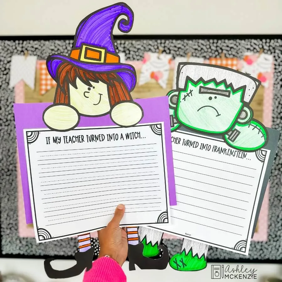 Halloween writing activities featuring a creative writing prompt "If my teacher turned into a witch"