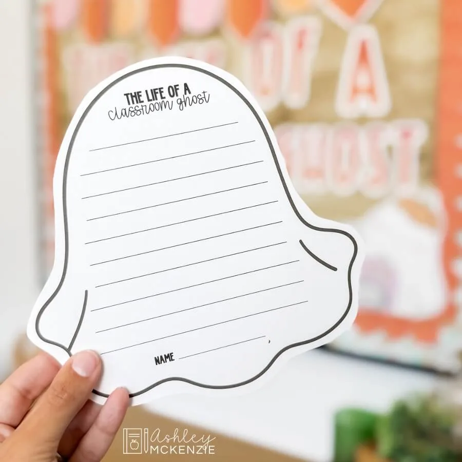 A ghost shaped Halloween writing activity template for "Life of a Classroom Ghost"