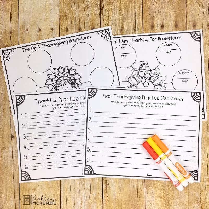 Thanksgiving writing activities with brainstorm pages and practice sentence sheets