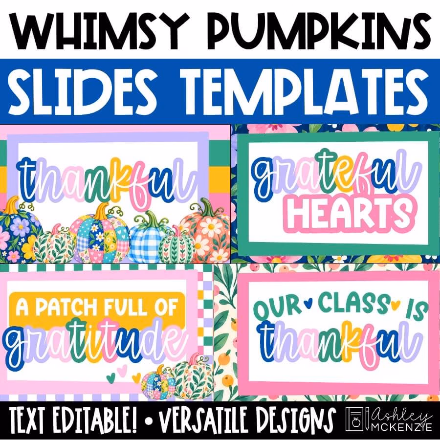 November slides for Thanksgiving morning meetings and more featuring Whimsy Pumpkins designs
