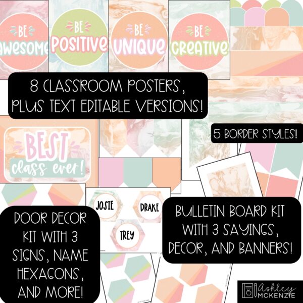Marbled Pastel Back to School Bulletin Board, Posters, A-Z Letters, and Door Decor Bundle Marbled Pastel Back to School Bulletin Board, Posters, A-Z Letters, and Door Decor Bundle