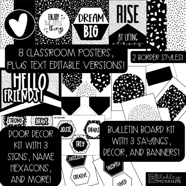 Black and White Terrazzo Back to School Bulletin Board, Posters, A-Z Letters, and Door Decor Bundle Black and White Terrazzo Back to School Bulletin Board, Posters, A-Z Letters, and Door Decor Bundle