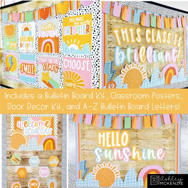 Hello Sunshine Bulletin Board, Posters, A-Z Bulletin Board Letters, and Door Decor Bundle Hello Sunshine Bulletin Board, Posters, A-Z Bulletin Board Letters, and Door Decor Bundle